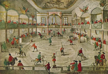 Eine Reitschule des 18. Jahrhunderts, die den Übergang zum Zirkusring zeigt, 1942