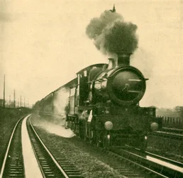 Eine Lokomotive der Star-Klasse nimmt bei hoher Geschwindigkeit Wasser auf, Goring, Great Western Railway, 1930