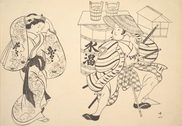 Eine Oiran richtet ihr Haar auf der Straße, während ein junger Samurai zusieht