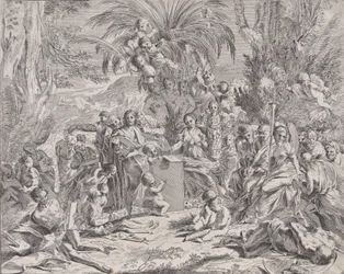 Eine Allegorie der Malerei, ein Kind in der Mitte links zeichnet auf einer Tafel