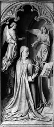 Verkündigung Rückseite des Triptychons, linker Teil. Gemälde von Meister von Moulins oder Jean Hey (1450-1505) 15. Jahrhundert. Kathedrale Notre Dame, Moulins (Allier)