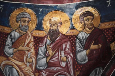 Darstellung der Apostel um Christus und das Jüngste Gericht Detail des Byzantinischen Freskos aus dem Narthex-Gewölbe der Kirche von Asinou Jüngstes Gericht Szene 14. Jahrhundert (1332) UNESCO-Weltkulturerbe Troodos-Region, Zypern