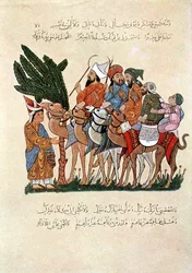 Arabische Reisende auf Kamelen, die am Ende ihrer Reise begrüßt werden