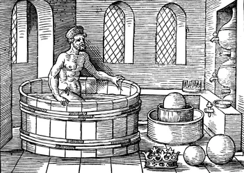 Archimedes, ca. 287-212 v. Chr., antiker griechischer Mathematiker und Erfinder, in seinem Bad