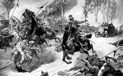 Gepanzerte belgische Truppen unter Angriff von Ulanen, Erster Weltkrieg