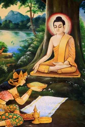 Asketischer Buddha wurde am Morgen seiner Erleuchtung von Nandabala eine Schale Milchreis angeboten. Gemälde, das die Lebensgeschichte von Shakyamuni Buddha darstellt. Wat Ong Teu Mahawihan. Tempel des Schweren Buddha. Vientiane. Laos, 20151028, Vientiane,