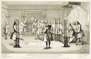 Versammlung von Freimaurern vor der Aufnahme eines Meisters, ca. 1733