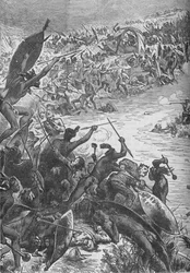 Angriff der Zulus auf die Eskorte des Achtzigsten Regiments am Intombe-Fluss, 1879