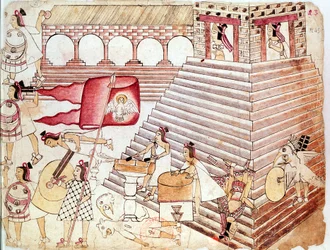 Aztekische Krieger verteidigen den Tempel von Tenochtitlan, Mexiko