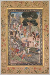 Babur trifft Sultan Ali Mirza am Kohik-Fluss, aus einem Babur-nama Memoiren von Babur, ca. 159