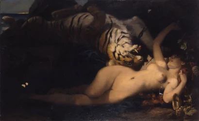 Bacchantin spielt mit einem Tiger