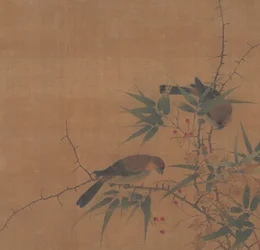 Bambuszweig mit Beeren und Vögeln, 17. Jahrhundert