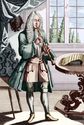 Barockoboe Musiker, Beschriftung lautet - Mann spielt Hautbois (oder Hautbois), was eine frühe Oboe ist. Gravur von J. C. Weigel (1661-1726) aus Musikalisches Theatrum.