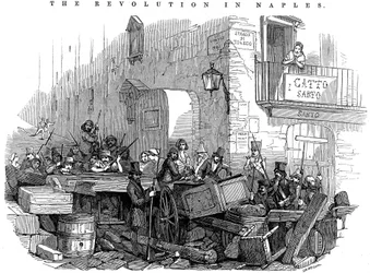 Barrikade in der Strada di Toledo kurz vor dem Angriff, Revolution in Neapel, 15. Mai 1848