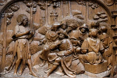 Basilika von St. Denis, Stände der Goillon-Kapelle (Anfang des 16. Jahrhunderts), Darstellung Jesu, der sich in Gleichnissen vor den Bewohnern Palästinas äußert, Saint-Denis, Frankreich