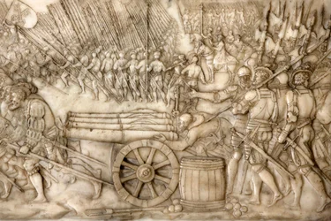 Basilika von St. Denis, Grab von Franz I., König von Frankreich und Claude von Frankreich, Darstellung der Schlacht von Marignano 1515 - die Truppen der Alten Schweizer Eidgenossenschaft, Saint-Denis, Frankreich