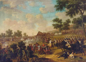 Schlachtenszene aus dem Siebenjährigen Krieg, zweite Hälfte des 18. Jahrhunderts