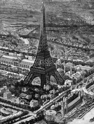 Vogelperspektive des Eiffelturms zur Zeit der Eröffnung der Pariser Weltausstellung 1889