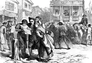 Bostoner lesen den Stamp Act, 1765, ca. 1880