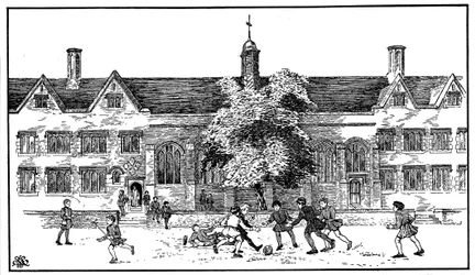 Jungen in der Tudor-Zeit spielen Fußball an der Berkhamsted Grammar School, Hertfordshire