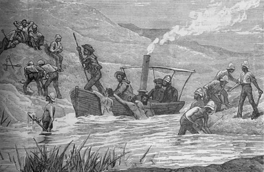 Britische Soldaten schneiden einen von Arabi errichteten Damm bei Mahuta, um 1882