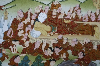 Buddhas Tod oder Parinirvana. Thangka, Bhaktapur, Nepal