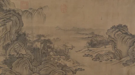 Buddhistische Tempel inmitten von Herbstbergen, 14. Jahrhundert