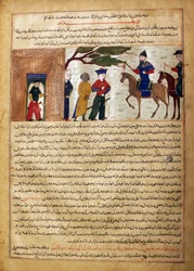 Gefangener indischer Raja wird zu Sultan Mahmud von Ghazni gebracht, Folio aus einem Majma..., ca. 1425