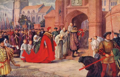 Kardinal Wolsey betritt möglicherweise den Hampton Court Palace, 1917