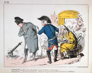 Karikatur von Napoleon I., der den Fall der Colonne de Vendome beobachtet, Pariser Kommune, 1871