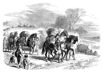 Brottransport nach London auf Packpferden, um 1895