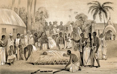 Zeremonie der Verbrennung einer hinduistischen Witwe mit dem Leichnam ihres verstorbenen Mannes, 1847