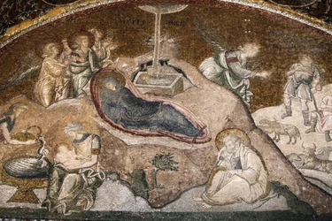 Chora-Kirche Museum: Geburt Jesu Mosaik (Maria ruht nach der Geburt, Joseph sitzt), Istanbul, Türkei