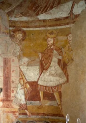 Kirche (Église Saint-Martin). Innenraum. Die Apsis. Wandmalereien. Detail. Jesus am Hof von Herodes. 12. Jahrhundert.