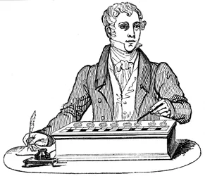 Schreiber benutzt eine Pascal-Rechenmaschine, 1835