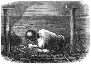 Kohlebergarbeiter in einem engen Flöz, um 1864