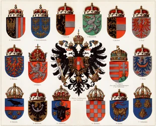 Wappen der Komitate Österreich-Ungarns und kleines österreichisches Staatswappen, um 1907.
