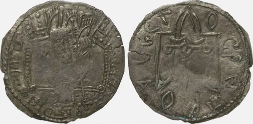 Münze Srebrennik von Großfürst Wladimir Swjatoslawitsch Rückseite: Symbol der Rurikiden, 980-1015