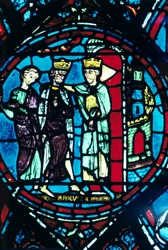 Konstantin begrüßt Karl den Großen in Konstantinopel, Buntglas, Kathedrale von Chartres, Frankreich