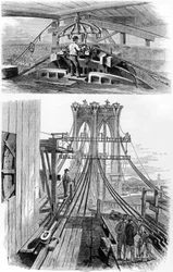 Bau der Brooklyn-Hängebrücke, New York, USA, 1880