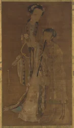 Kurtisanen mit Fächer und Flöte