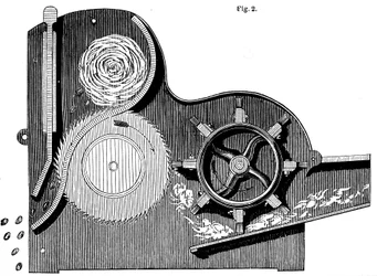 Querschnitt von Eli Whitneys 1765-1825 Säge-Gin zur Reinigung von Baumwolle, 1865
