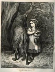 Beim Durchqueren des Waldes trifft Rotkäppchen den Wolf. Gravur von Gustave Doré (1832-1883) aus „Les contes“ von Charles Perrault (1628-1703)