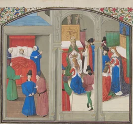 Tod von Balduin IV. Krönung von Guido von Lusignan. Miniatur aus der Historia von Wilhelm von Tyrus, 1460er