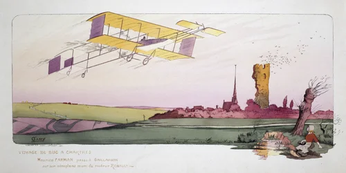 Anfänge der Luftfahrt: Maurice Farman (1878-1964) in seinem Doppeldeckerflugzeug mit einem Renault-Motor während des Rennens "Voyage de Bac à Chartres", ca. 1910
