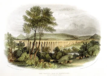 Dee Viadukt, Tal von Llangollen, an der Shrewsbury, Wales und Chester Eisenbahn, ca. 1848