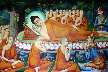Darstellung des Todes Buddhas und seines Eintritts ins Nirvana. Kambodscha