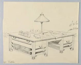 Entwurf für massiven Bibliothekstisch mit zwei offenen Regalböden auf jeder Seite, 1900–05