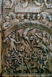 Detail eines Blattes eines byzantinischen Elfenbeindiptychons, das Männer und Bären im Zirkus zeigt