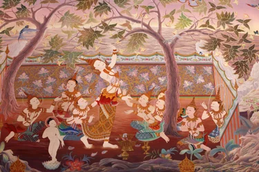Detail eines Wandgemäldes im Uposatha (Schreinhalle) des Buddhapadipa Tempels, Wimbledon, Großbritannien